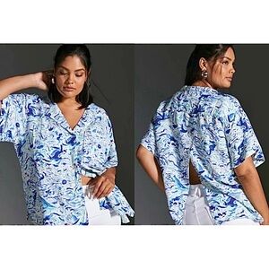 Maeve Anthropologie Classic Surf Shirt Womens S Camp Shirt Linen Blend Nautical